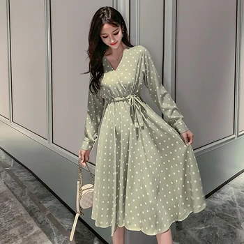 

Wave Point Long Sleeve Dress 2019 Autumn Clothing Exceed Immortal Temperament V Lead Waist To Show Thin Even Clothes Longuette