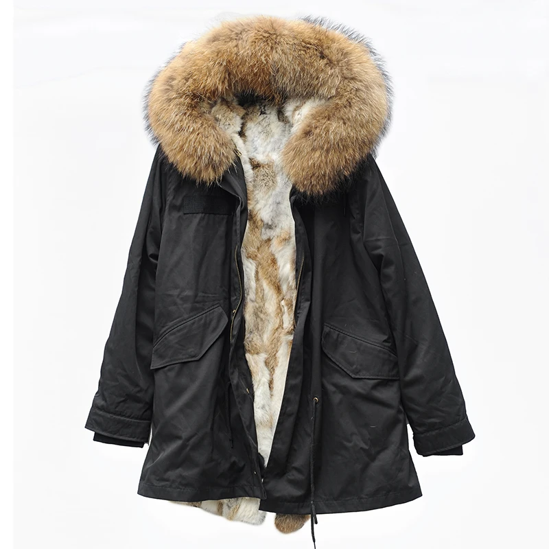 

CX-G-P-14A Waterproof Parka Real Rabbit Lining Big Raccoon Fur Collar Hooded Winter Parka Coat