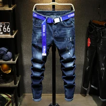 POVOTE Новые мужские джинсы с вышивкой, мужские Модные брендовые обтягивающие леггинсы с принтом, трендовые повседневные штаны, мужские джинсы синего цвета