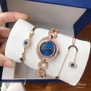 

brand S jewelry sets of 3 eye of the devil watch clock zircon rose bangle blue eye long tassel pendant necklace gift female