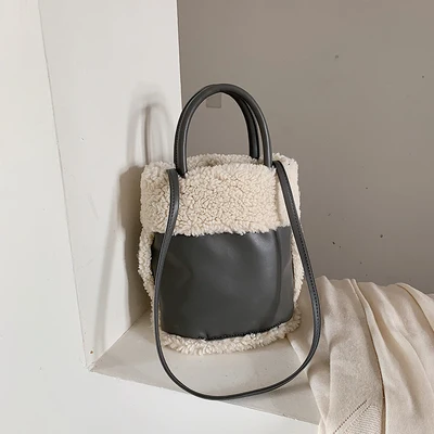 DORANMI Лоскутная сумка-ведро женские сумки зимняя меховая сумка женская сумка-ведро сумка через плечо кожаная сумка-мессенджер BG235 - Цвет: grey