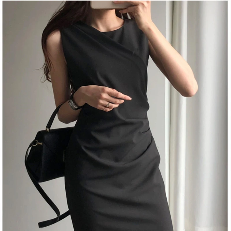 

Women Pleated Straight Slim Dress Summer Round Neck Sleeveless Knee-Length Dresses Korean Package Hip Long Vestidos Female