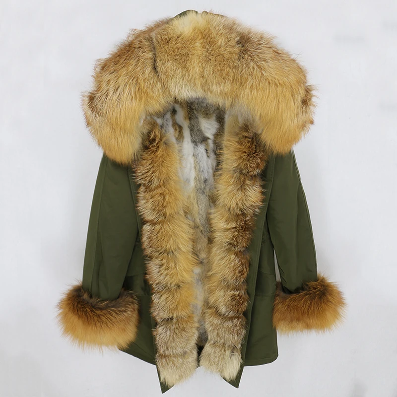 OFTBUY, водонепроницаемая парка, натуральное меховое пальто, зимняя куртка для женщин, воротник из натурального меха енота, капюшон, подкладка из натурального кроличьего меха, съемная - Цвет: green gold