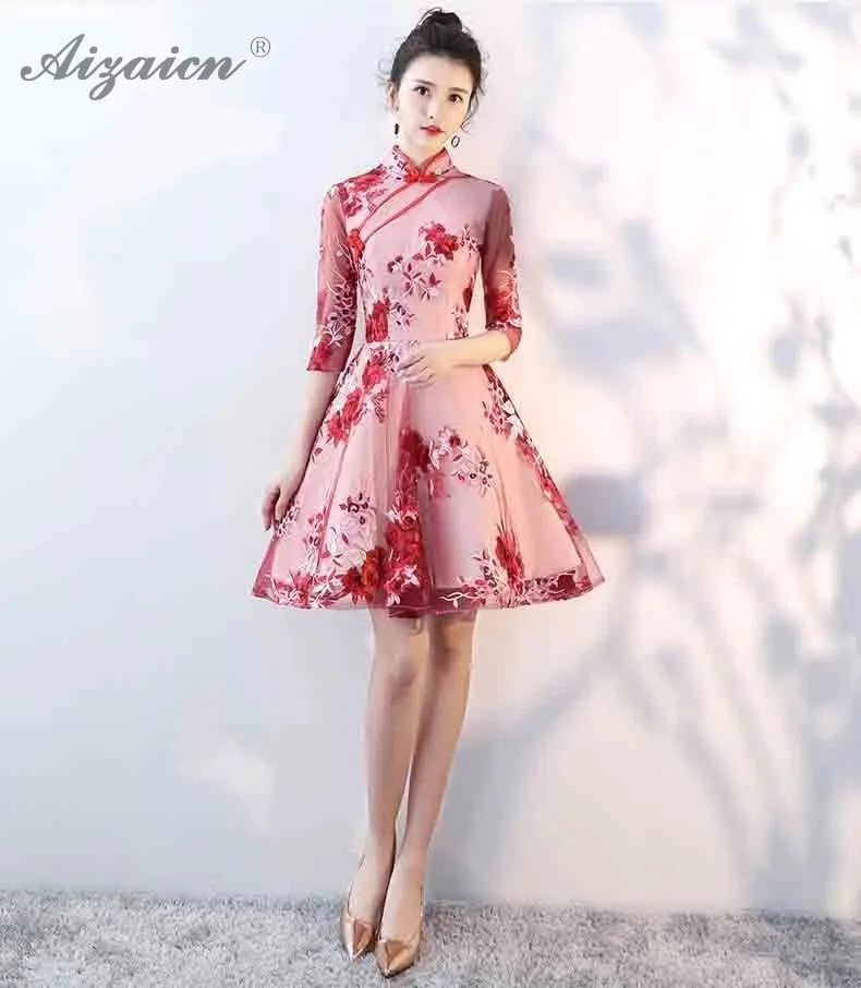 Новая мода кружева вышивка Cheongsam Современная Невеста мини платья оригинальный Национальный Таможенный Qi Pao женское Красное китайское