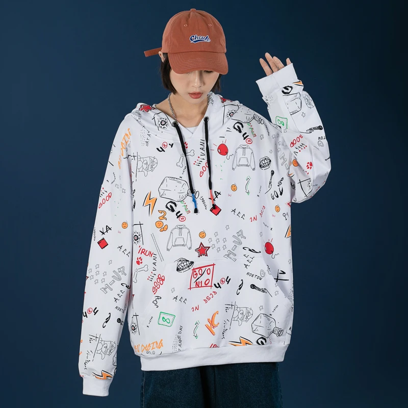 

Harajuku Fashion Cartoon Pattern Print Hooded Hoodies Men Womens Tracksuit Streetwear Loose Pullover Oversize Couple Sweatshirt