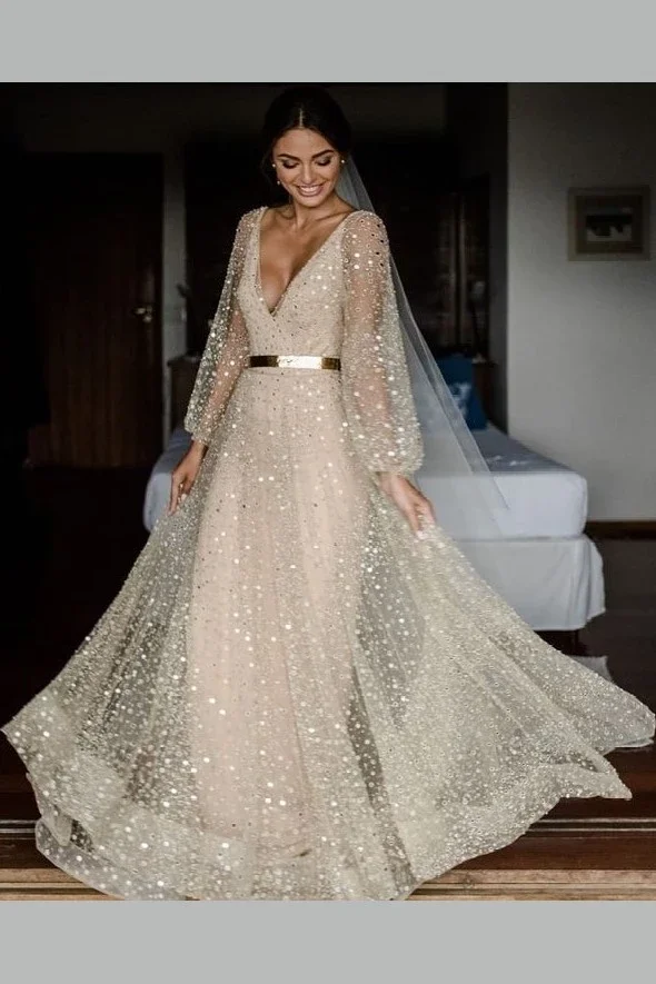 Vestido De Noiva Свадебные платья с длинными рукавами Блестящие Блестки v-образный вырез богемное свадебное платье Платье трапециевидного силуэта De Mariee