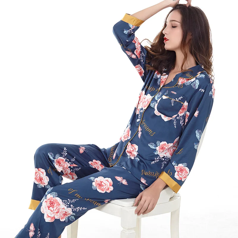 

Europe And America Viscose Printed Sexy Pajamas Women's Spring And Autumn Long Sleeve Trousers Cardigan Tracksuit Real Silk Set