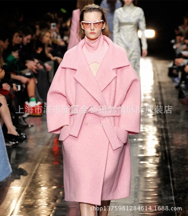 Женская одежда сплошной цветной лацкан пояс двубортный длинный рукав большой розовый пальто женское кружевное шерстяное пальто для женщин - Цвет: 1
