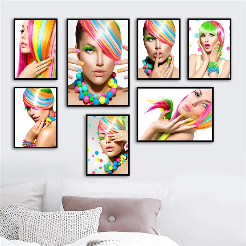 

Colorful Hairstyle Girl Wall Decor Painting Canvas Print Poster, Fashion Makeup Wall Pictures Poster Home Decor HD2707