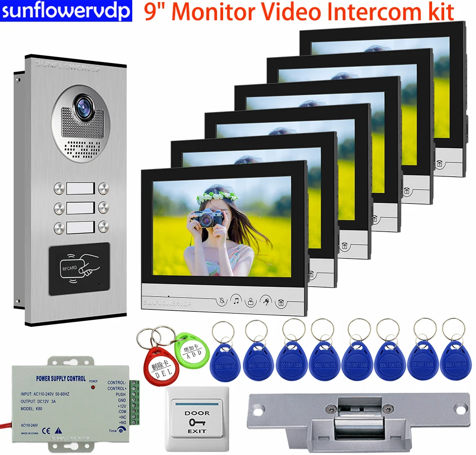 

Intercoms For Apartment Access Control 9 inch Color Video Intercom For Home Video Door Entry With Electric Strike Lock Door Bell