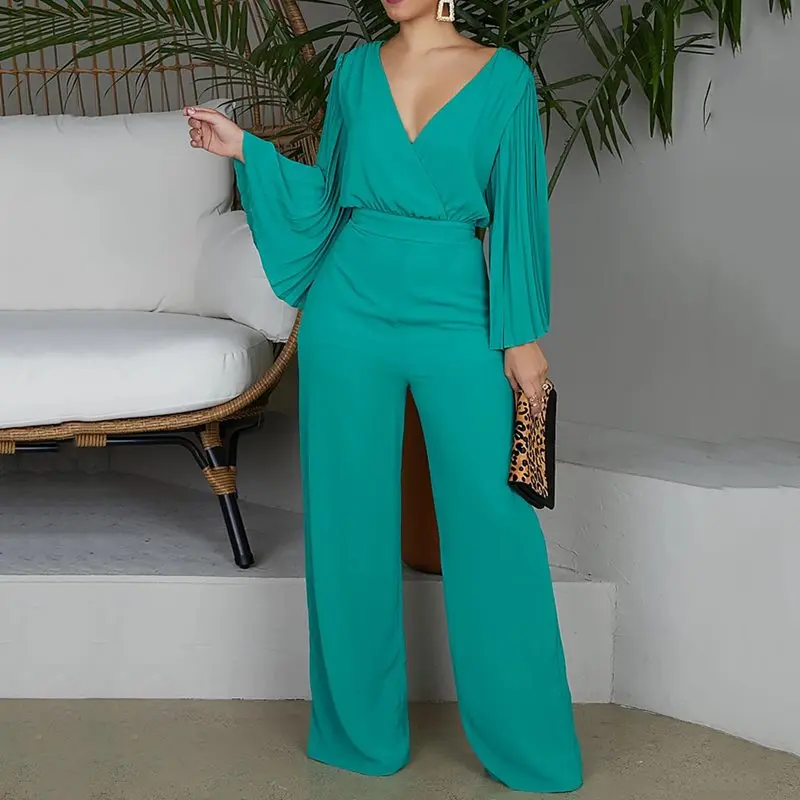 

Plus Size 2XL Sexy V-Neck Wide Leg Jumpsuit Pleated Sleeve High Waist Straight Pants Elegant OL Women Sets 2019 New Trendy