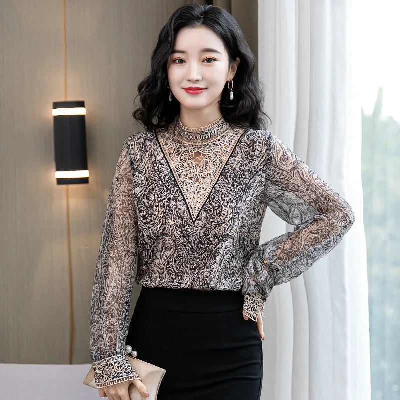 Blusa holgada de manga larga con estampado para Primavera, camisa holgada de estilo coreano con cuello levantado para mujer, 2021