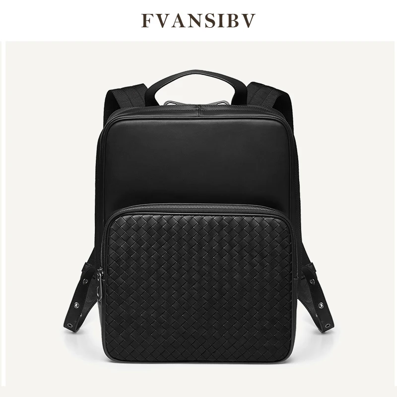 Роскошный кожаный мужской рюкзак большой вместимости, модная повседневная сумка для компьютера, корейский рюкзак, брендовый дизайн, тканая сумка, простая Новинка - Цвет: Black