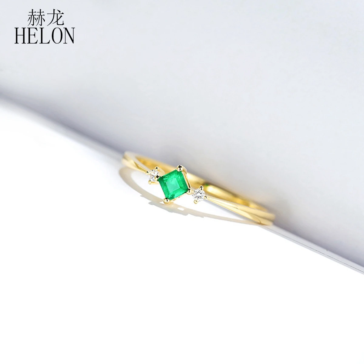 HELON кольца для женщин, Твердое 14 к желтое золото, натуральный 0.10Ct изумруд, Подлинные Бриллианты, вечерние кольца на годовщину, кольца, подарок, ювелирное изделие