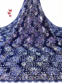 

Latest royal blue African velvet Lace Fabric 3D Sequin Embroidery Tulle Lace Fabric High Quality Nigerian Lace FD-1111
