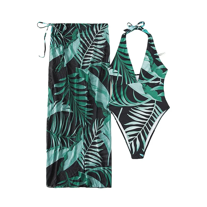 Women Swimwear Two Piece Set Sleeveless Halter Tie Up Backless V-neck Bodysuit Monokini Leaf Pattern Print Sarong Cover Up Skirt mesh bikini cover up Cover-Ups