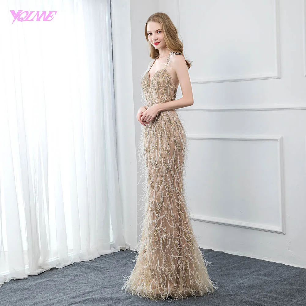 feather evening gown