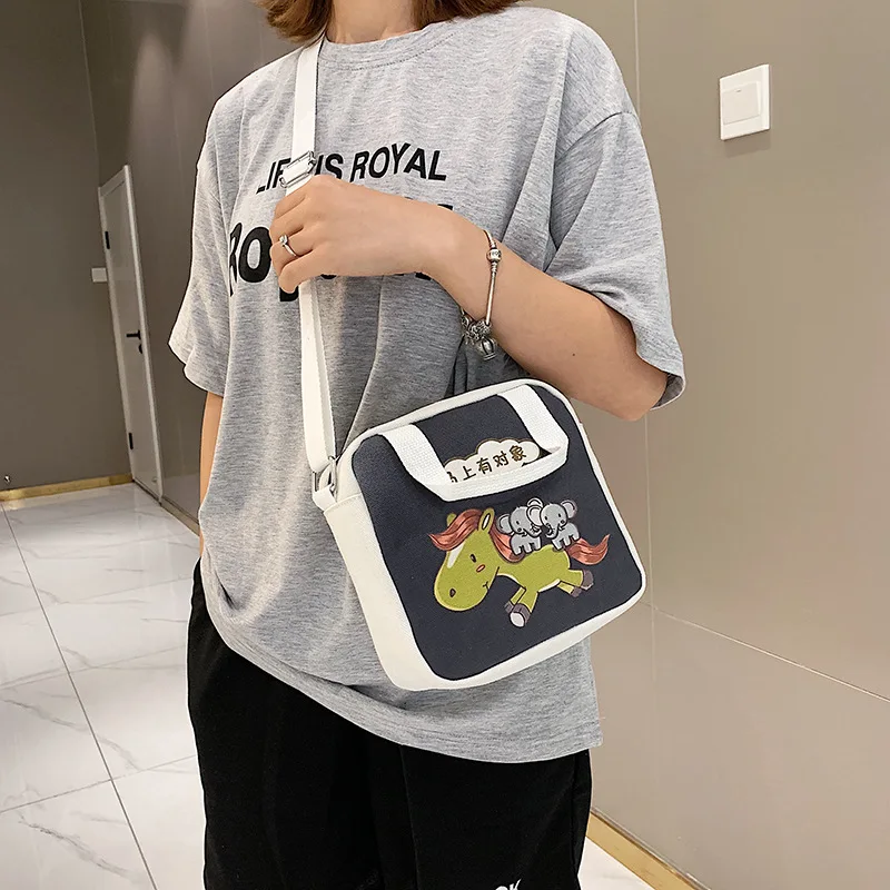

Cartoon Printed Immediately Object Canvas Square Sling Bag 2019 Autumn New Style Students Contrast Color Shoulder WOMEN'S Bag