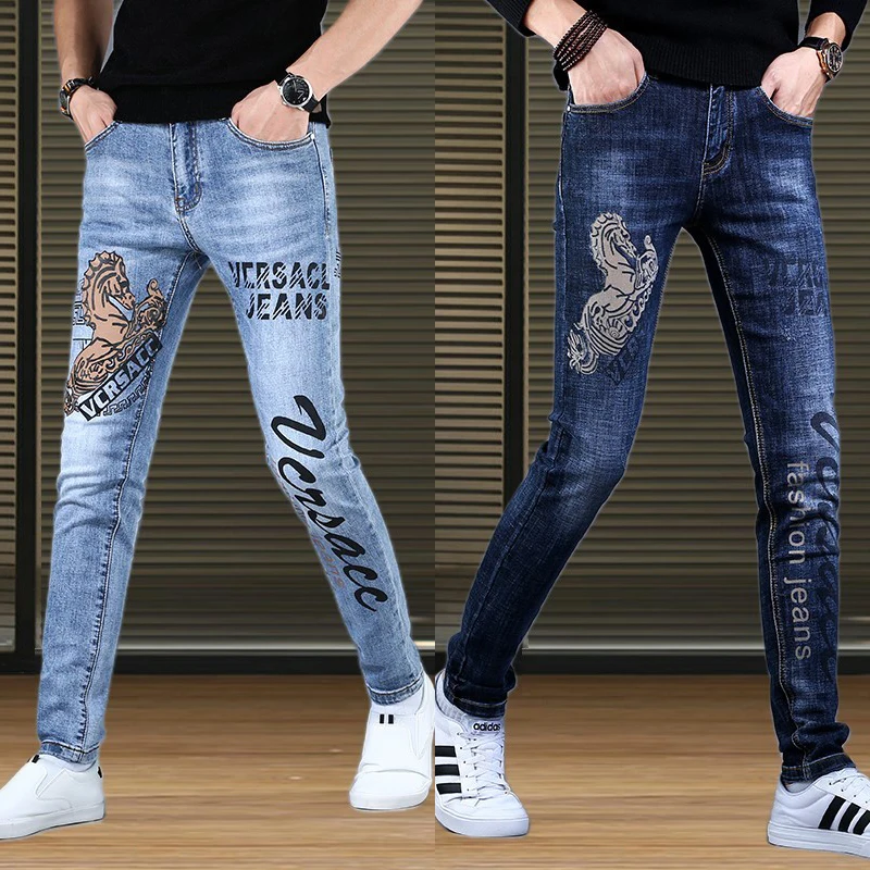 

Мужские джинсы в Корейском стиле, роскошные синие джинсы, привлекательные Стрейчевые облегающие джинсы, высококачественные рваные джинсы, стильные уличные джинсы;