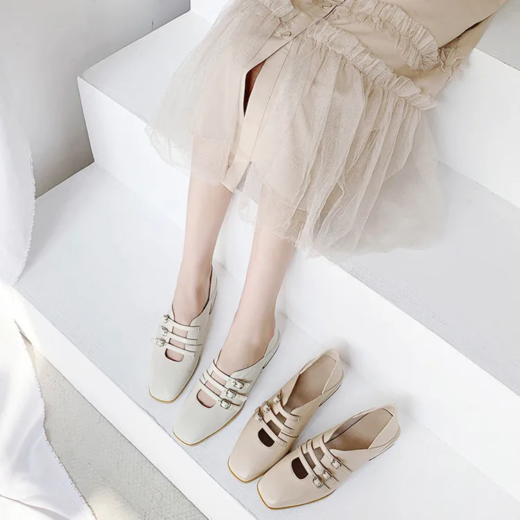 

2019 Spring New Style Genuine Leather Retro Buckle Thick Low-Cut Semi-high Heeled Square Head Versatile Shoes Women's Size Code