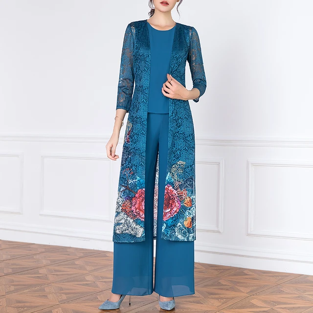 Mother of The Bride Pant Suits Plus Size XXXL Elegant Wedding 3 Pieces Set  Floral Lace Chiffon Wide Leg Pants Pantsuits Outfits|Pant Suits| -  AliExpress