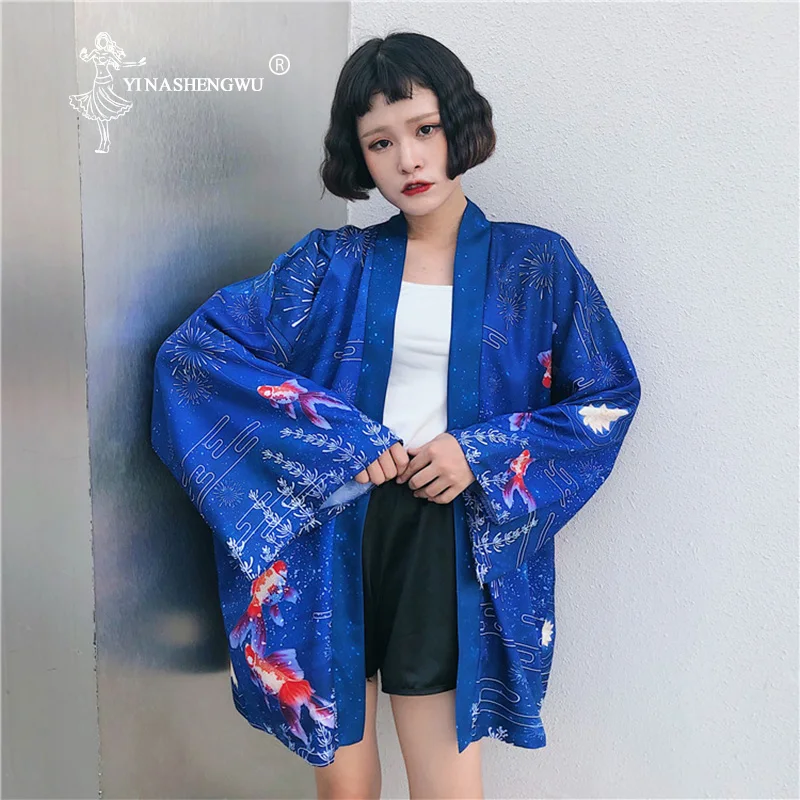Goldfish Print Kimono Cardigan Harajuku Asia Japanese Traditional Yukata Women Kimono Cosplay Costume Outerwear Sunscreen Blouse