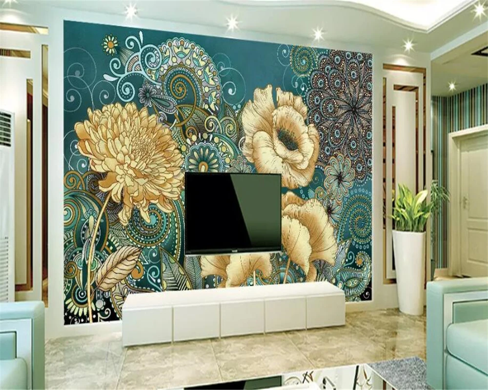 Beibehang-Custom-3D-photo-wallpaper-hand-painted-vintage-floral-wallpaper-living-room-TV-background-Silk-3d (2)