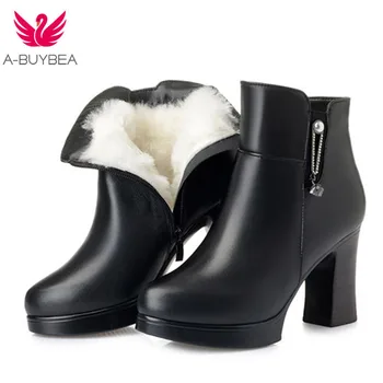 

Platform Genuine Leather Ankle Boots Women Winter Wool Warm Boots Crystal Zipper Black Thick High Heel Leather Boot Shoes