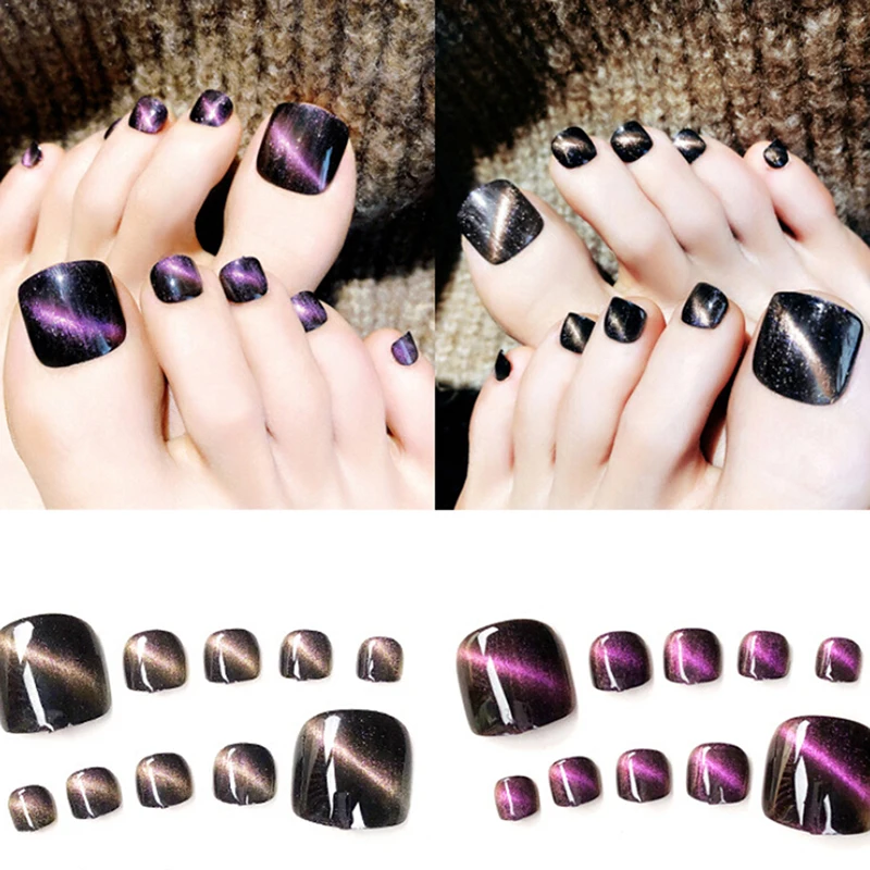 

24 Pcs/set Cat Eye Pattern Foot False Nail Tips Fashion Lady Fake Short Toes Nails Toe Art Acrylic
