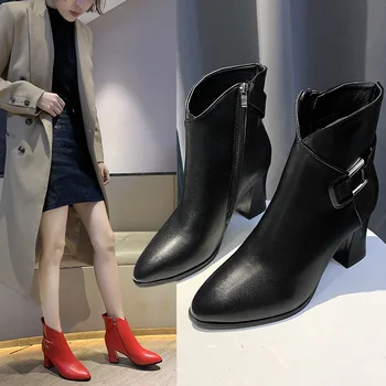 

Red wedding shoes pointed high-heeled thick heel short boots women 2020 spring and autumn new side zipper large size short tube