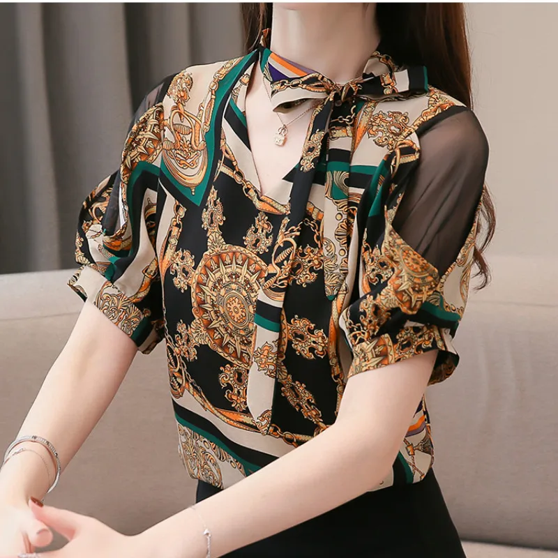 Partes superiores das mulheres e blusas Florais Do винтажный Com Decote Em V шифоновые Блузы с коротким рукавом
