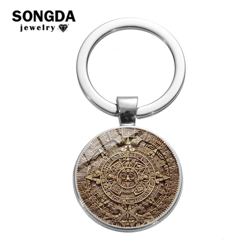 

SIAN Ancient Mayan Calendar Pattern Keychain Astronomy Archaeology Calendar Haab Mayan Culture Vintage Glass Round Keyring Chain