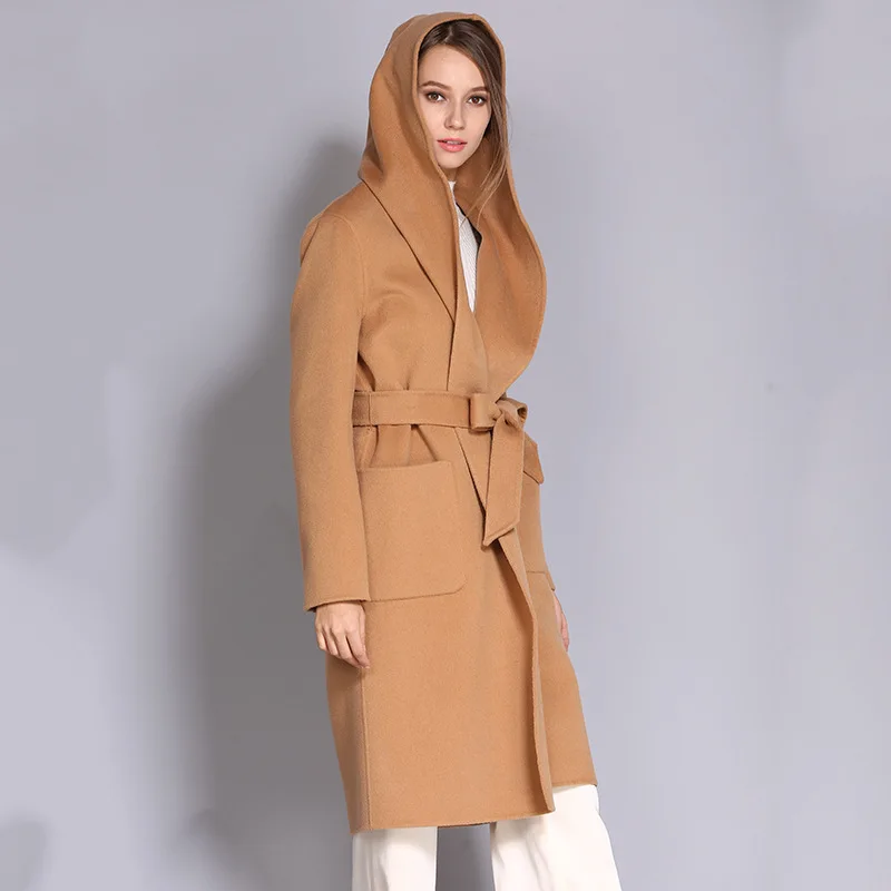 Ручная работа двустороннее шерстяное пальто женское зимнее повседневное с капюшоном с поясом длинное роскошное шерстяное пальто для женщин - Цвет: CAMEL