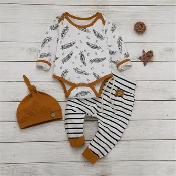 

Pudcoco Newborn Baby Boy Girl Outfits Clothes Set Long Sleeve Tops Romper + Striped Pants + Hat 3pcs Outfits Set