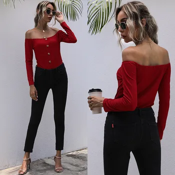 

2020 Autumn New Style Europe and America Hipster Sweet INS Fashion Long Sleeve Solid Color Onesie Female Amazon Cross Border