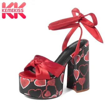 

KemeKiss New Fashion Sandals Women High Platform Sexy Lace Up Thick High Heel Summer Shoes Woman Print Footwear Size 34-43