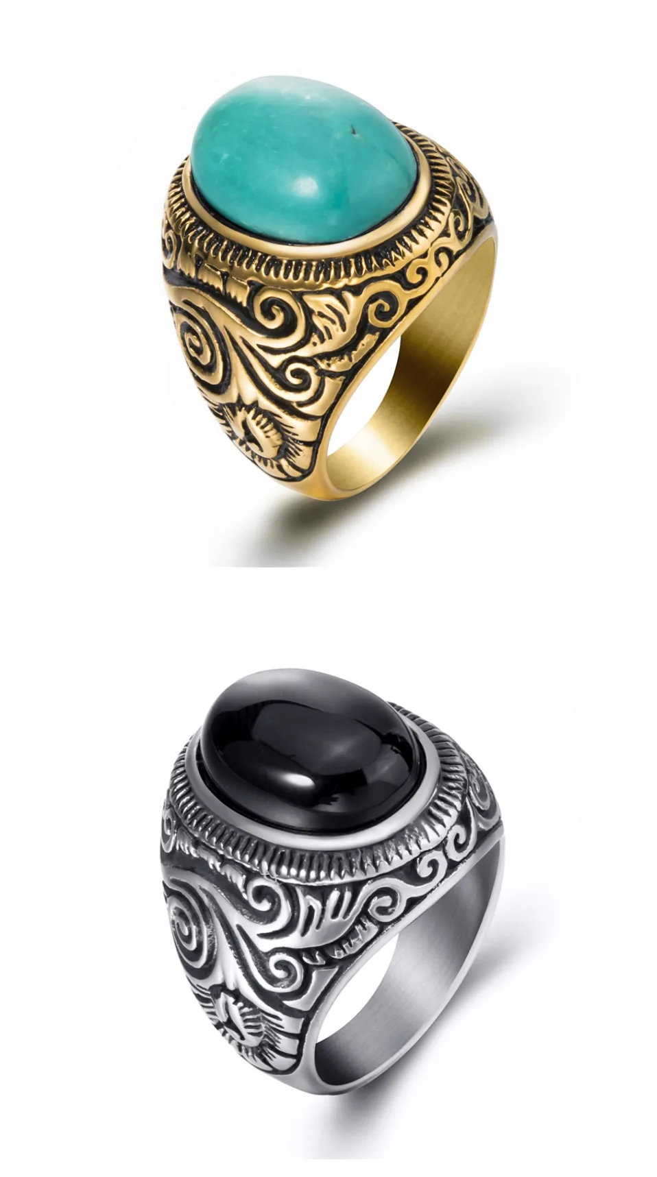 Мужское женское кольцо из натуральной овальной бирюзы, черный оникс, лунный камень, серебро, золото, нержавеющая сталь, подарок, ювелирные изделия размера плюс 8-15