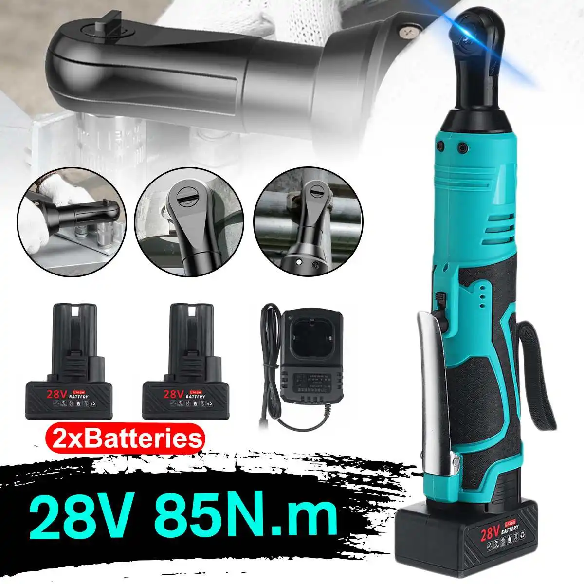 

28V Electric Wrench Kit 3/8 Inch Cordless Right Angle Ratchet with 1/2 Batteries Rechargeable Scaffolding Wrench 85N.m Max