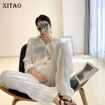 

XITAO Fashion Folds Two Piece Set Top and Pants Loose Wild Solid Color 2 Piece Outfits for Women Spring Summer New Wild DMY4497