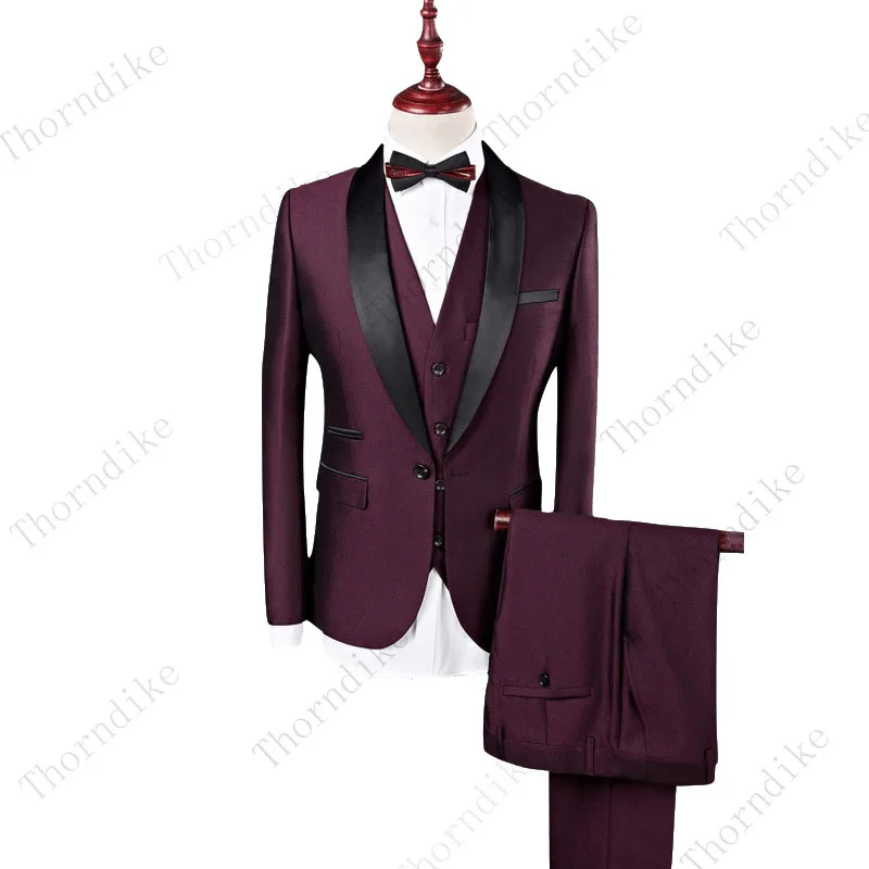 Mens Suit Thorndike Men Suit Black Collar Male Wedding Groom Slim Fit Standerd Size Blazer Set Tuxedo(Jacket+Pant+Vest)