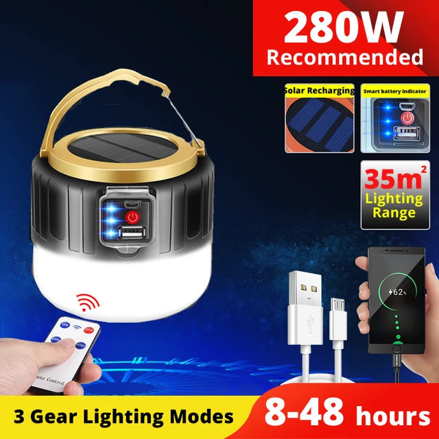 Solar LED Camping Light USB Rechargeable Bulb For Outdoor Tent Lamp Portable Lanterns Emergency Lights For BBQ Hiking Drop ship 280W Black Solar