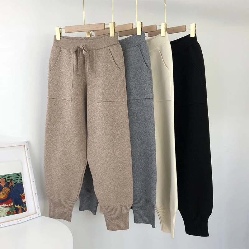 Aachoae 2020 Autumn Winter Knitted Pants Women Elastic Waist Drawstring Trousers Long Pencil Pants With Pockets Ladies Bottoms