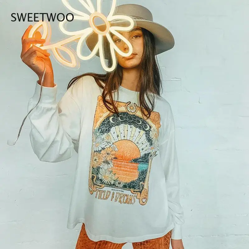 European and American New Casual Round Neck Mystery Printed Sweater Loose and Thin Design Long-Sleeved Blouse Women