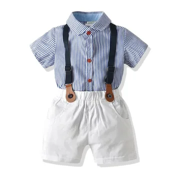 

Baby Infant Toddler Boys Clothes 2020 Summer Short Sleeve Romper White Bib Shorts Set Blue&white Striped Top Children Costume