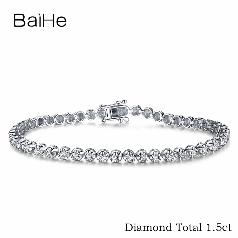 BAIHE Solid 18K Белое Золото SI/H Круглый всего 1.5ct натуральные бриллианты женские цепи помолвки модные ювелирные изделия Подарочный браслет - Цвет камня: diamond total 1.5ct