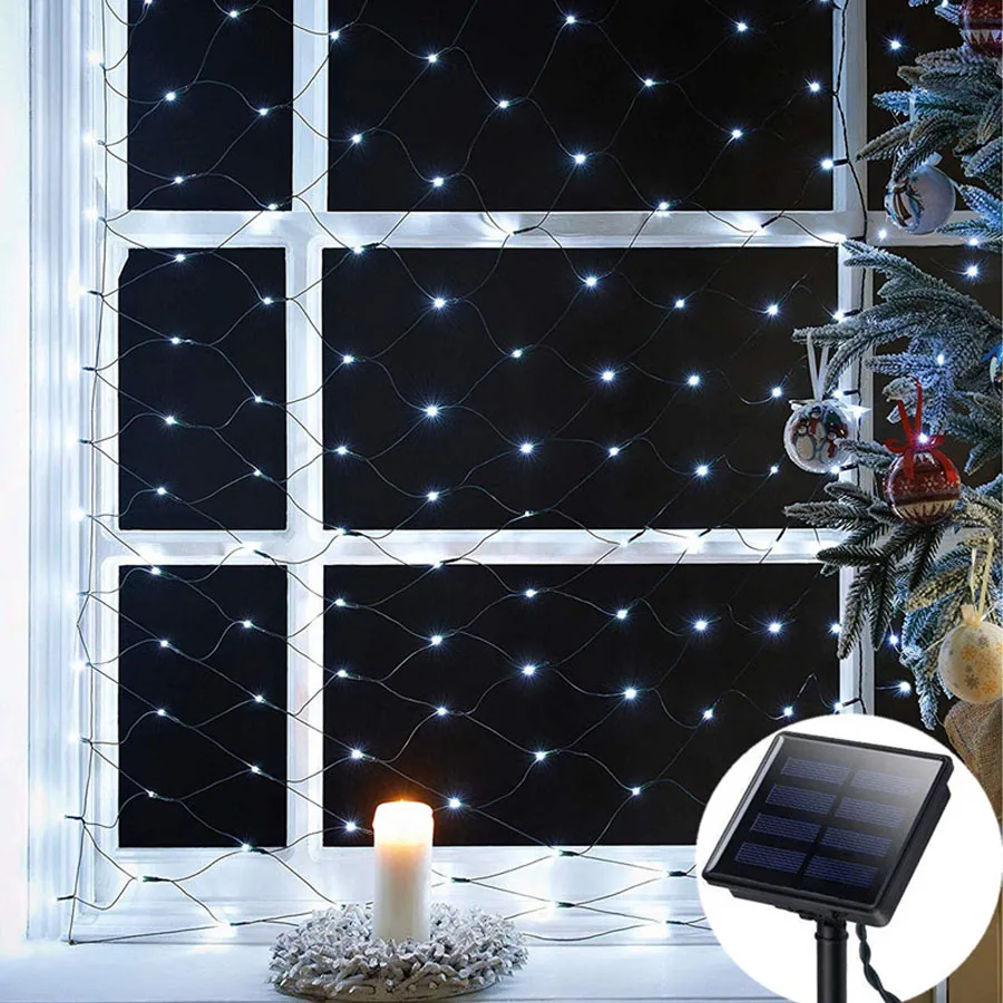 BEIAIDI 1,1x1,1 м светодиодный сетчатый светильник на солнечных батареях, гирлянда для рождественской елки, оконная занавеска, Рождественский, Свадебный, праздничный, сказочный светильник