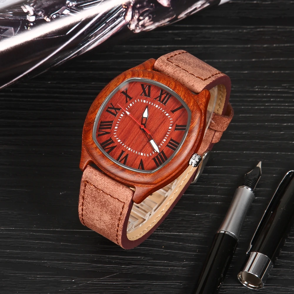 

Simple Designer Walnut Wood Coffee Quartz Watch Men's Watches Arabic Numerals Round Dial Leather Wristwatches Men reloj 2020 New