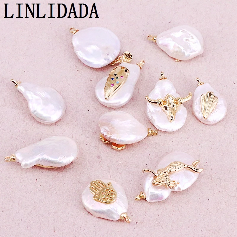 8Pcs,Mix Random, Natural Irregular freshwater pearl with copper charm gold pendant,handmade diy earring/necklace/bracelet