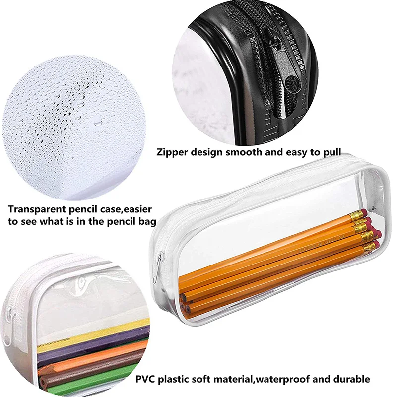 for School Office Stationery 6 Pieces Clear PVC Pen Pencil Case with Zipper White Portable Transparent Pencil Bag Makeup Pouch 