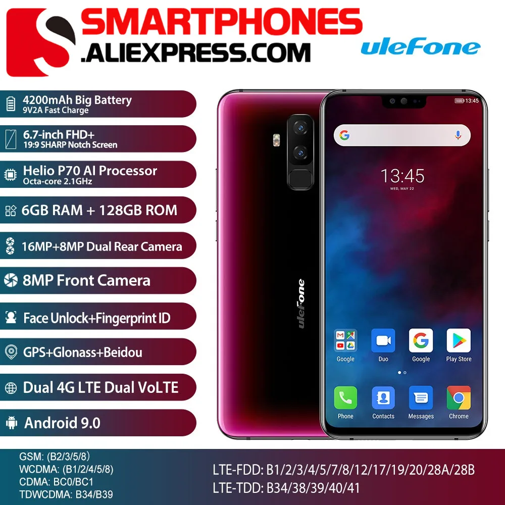 

Ulefone T2 Dual 4G Smartphone 6.7'' FHD+ Helio P70 6GB+128GB Android 9.0 16MP+8MP 4200mhA Cellphone NFC Wireless Charging
